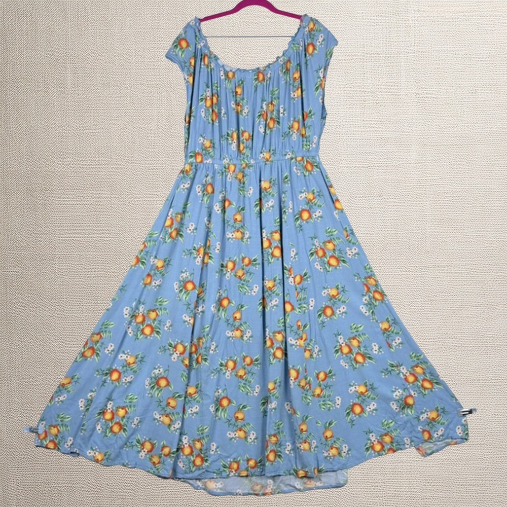 Torrid Midi Dress 2 Blue Orange Fruit Flower Blossom Cottagecore Milkmaid Boho - Picture 3 of 12